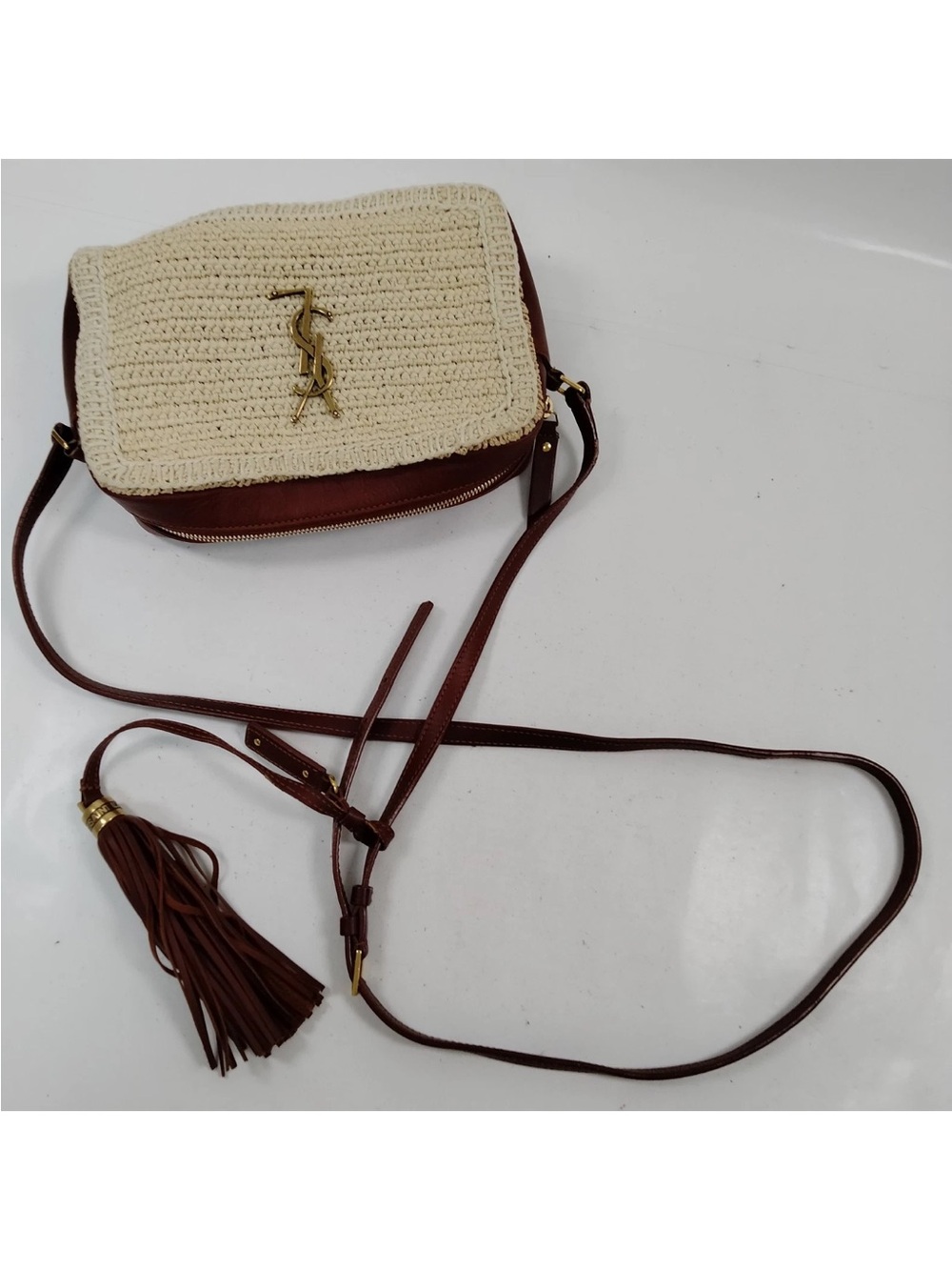 ❌SOLD🤩Saint Laurent YSL Raffia Crossbody Bag Brown Leather Tassel - Picture 5 of 9